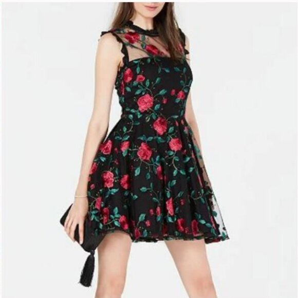 City Studio High Neck Sheer Embroidered Floral Vine Tulle Mini Dress - Picture 1 of 7